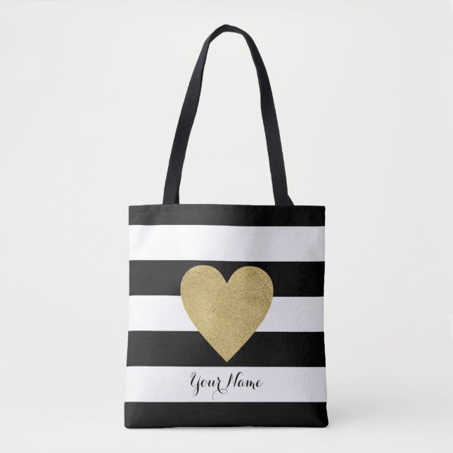 Schwarze u. weiße Streifen mit Goldfolien-Herzen Tasche (Vorderseite)