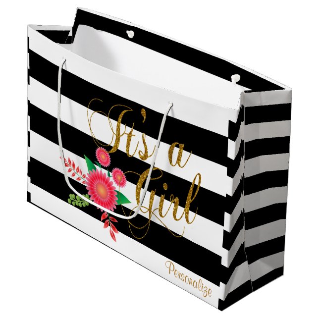 Schwarze u. weiße Streifen mit rosa Große Geschenktüte (Vorderseite Schrägansicht)