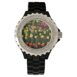 Schwarze Uhr mit mehrfarbigen Tulips