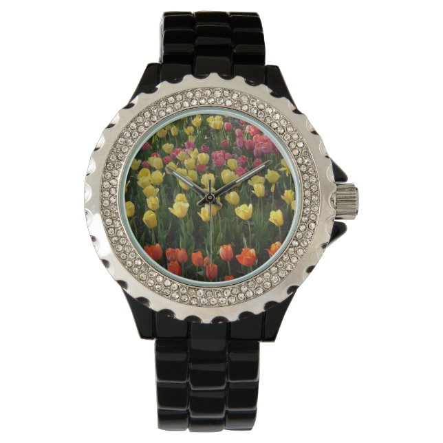 Schwarze Uhr mit mehrfarbigen Tulips (Vorderseite)