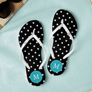 Schwarze und Aqua-Polka-Punkte Mit Monogramm Flip Flops
