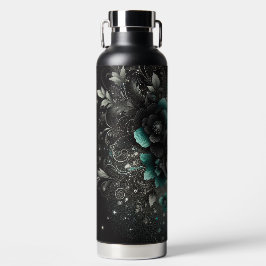 Schwarze und Aquamarine Blumen Trinkflasche
