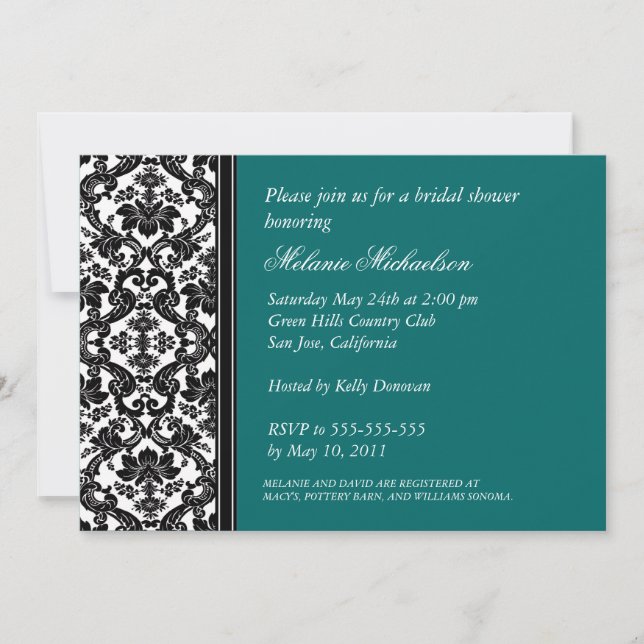 Schwarze und Aquamarine Damask Brautdusche Einladu Einladung (Vorderseite)