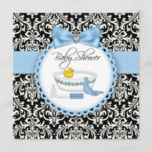 Schwarze und blaue Damast-Badetzeit-Baby-Party Einladung