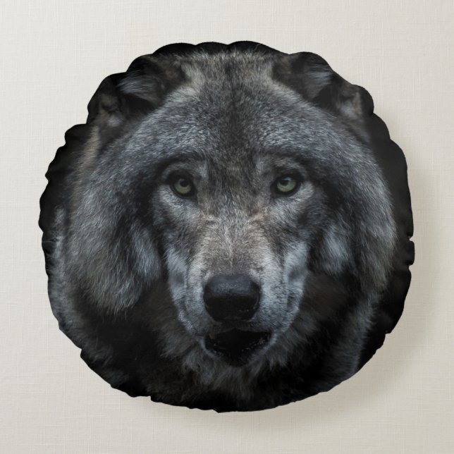 SCHWARZE UND BROWN-WOLF-MALERIE RUNDES KISSEN (Vorderseite)