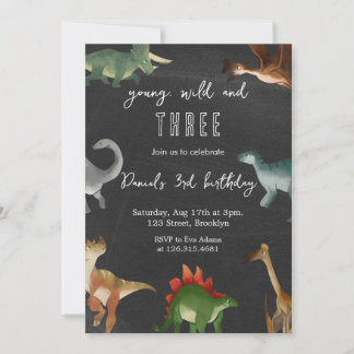 Schwarze und farbenfrohe Printable Dinosaurier zum Einladung