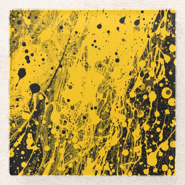 Schwarze und gelbe Farbspritzer Glasuntersetzer (Vorderseite)