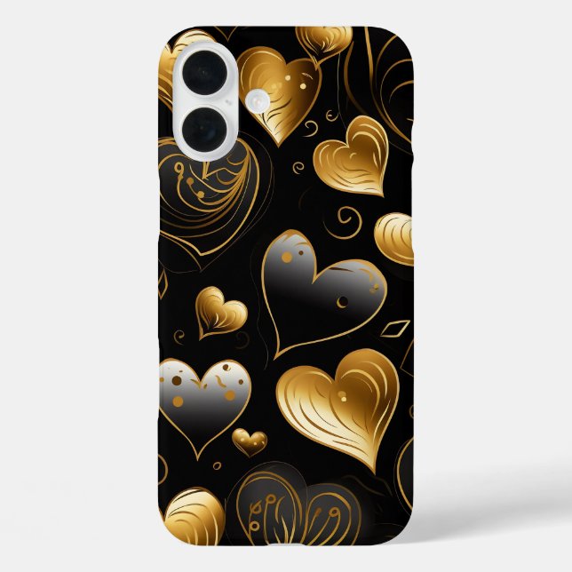 SCHWARZE UND GOLD ABSTRAKTE VALENTINE LIEBE HERZEN iPhone 16 PLUS HÜLLE (Rückseite)