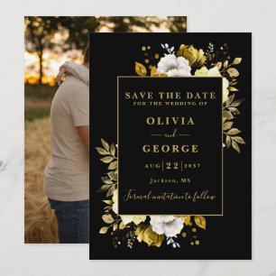 Schwarze und goldene Aquarell-Blumen-Foto-Hochzeit Save The Date