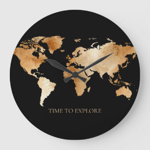 Schwarze und goldene Aquarell-Weltkarte  Große Wanduhr
