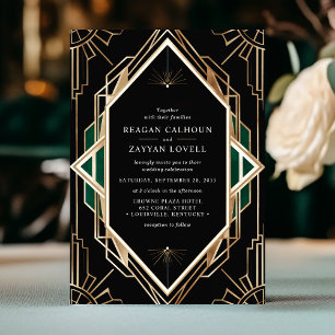 Schwarze und goldene Art Deco geometrische Smaragd Einladung