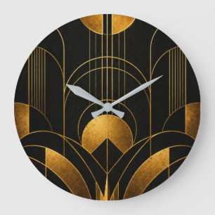 Schwarze und goldene Art Deco geometrische Wanduhr