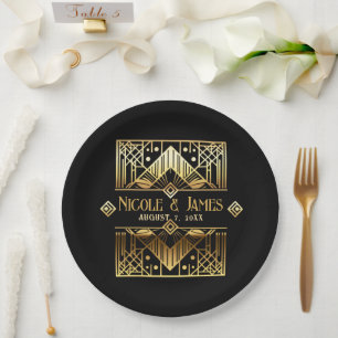 Schwarze und goldene Art Deco Hochzeit Pappteller