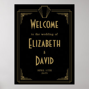 Schwarze und goldene Art Deco Hochzeitsbegrüßung a Poster