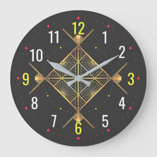 Schwarze und goldene Art Deco - Moderne geometrisc Große Wanduhr