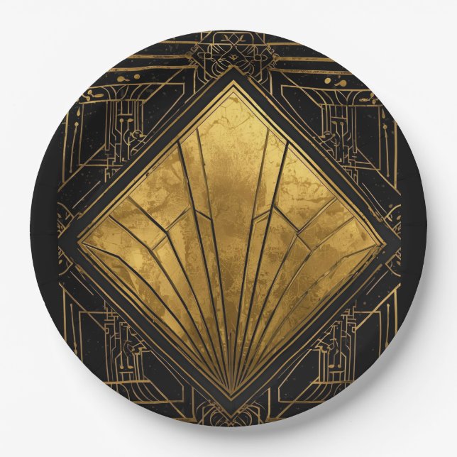 Schwarze und goldene Art Deco  Pappteller (Vorderseite)
