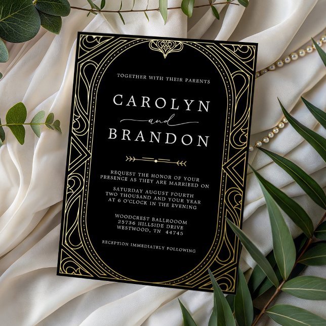 Schwarze und goldene aufwendige elegante Hochzeit Folieneinladung (Black and Gold Ornate Elegant Wedding Foil Invitation)