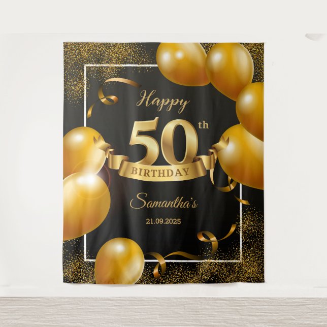 Schwarze und goldene Ballons 50. Geburtstag Wandteppich (Vorderseite)