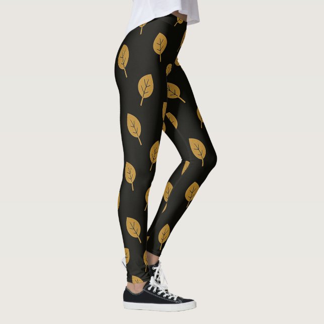 Schwarze und goldene Blätter Leggings (Rechts)