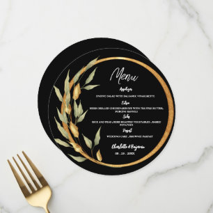 Schwarze und goldene Blätter Rahmen Runde Hochzeit Menükarte