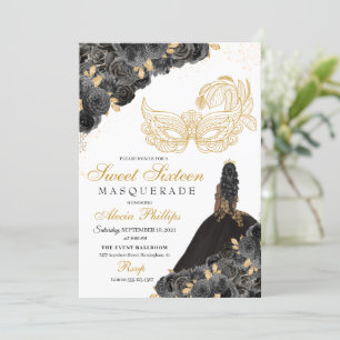 Schwarze und goldene Blumen Masquerade Sweet 16 Ei Einladung