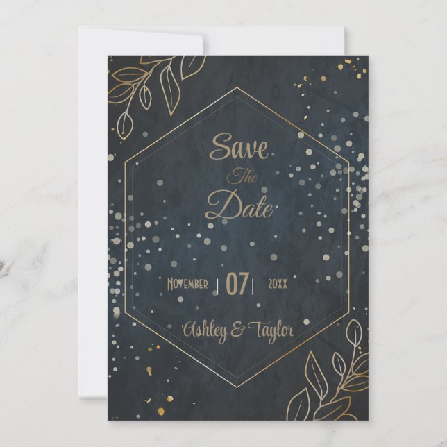 Schwarze und goldene Blumenhochzeit retten das Dat Save The Date (Vorderseite)