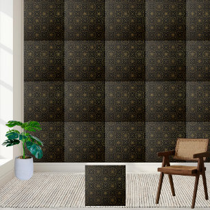 Schwarze und goldene Blüten und geometrische Quers Fliese