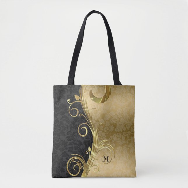 Schwarze und goldene Blütenmatte und Goldrausch Tasche (Vorderseite)