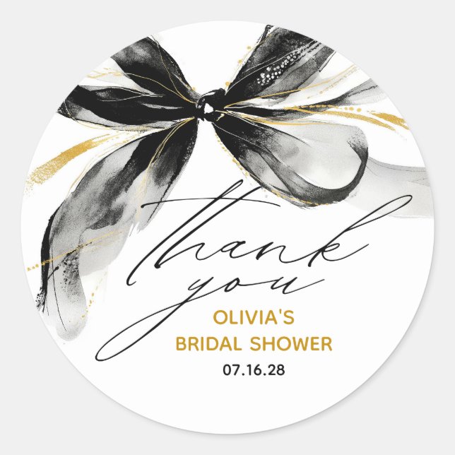 Schwarze und goldene Bow Chic Whimsical-Brautjungf Runder Aufkleber (Vorderseite)