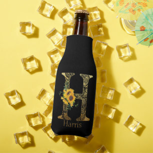 Schwarze und goldene Buchstaben H Sonnenblumen Flaschenkühler
