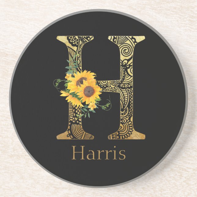 Schwarze und goldene Buchstaben H Sonnenblumen Getränkeuntersetzer (Vorne)