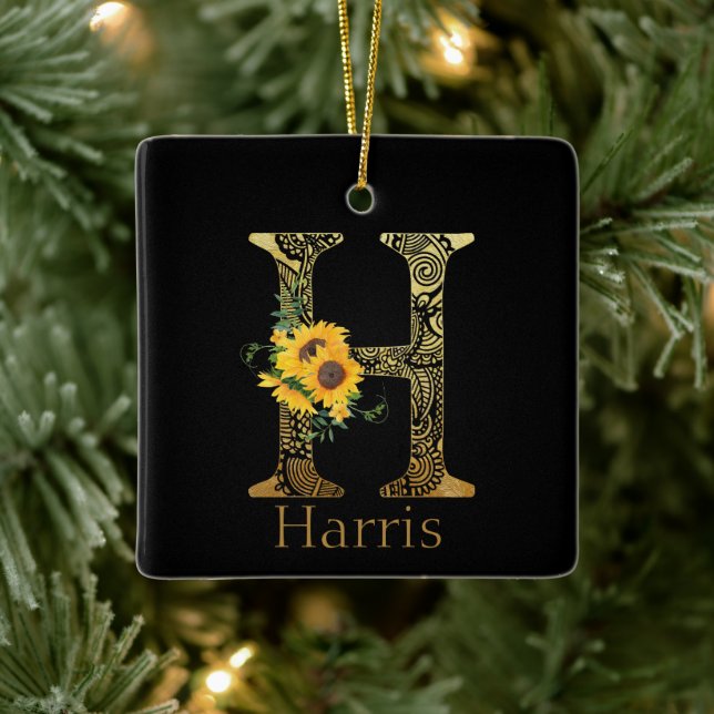 Schwarze und goldene Buchstaben H Sonnenblumen Keramikornament (Baum)