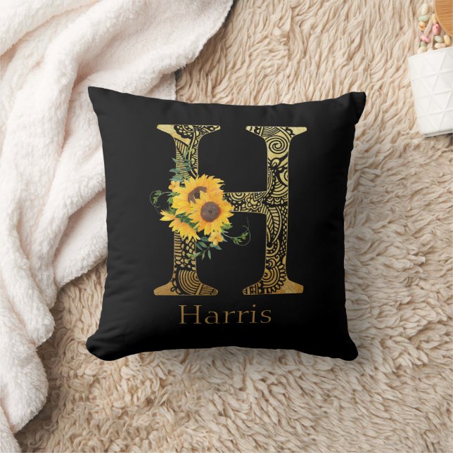 Schwarze und goldene Buchstaben H Sonnenblumen Kissen (Decke)