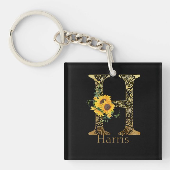 Schwarze und goldene Buchstaben H Sonnenblumen Schlüsselanhänger (Vorderseite)