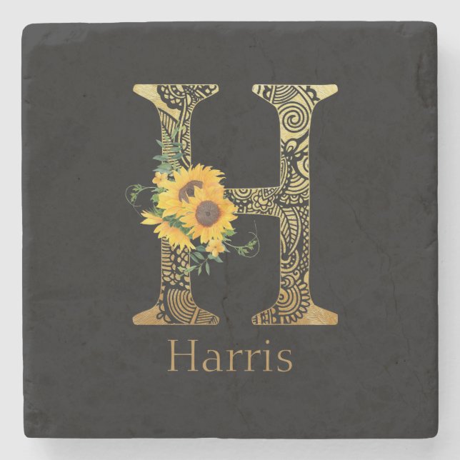 Schwarze und goldene Buchstaben H Sonnenblumen Steinuntersetzer (Vorderseite)