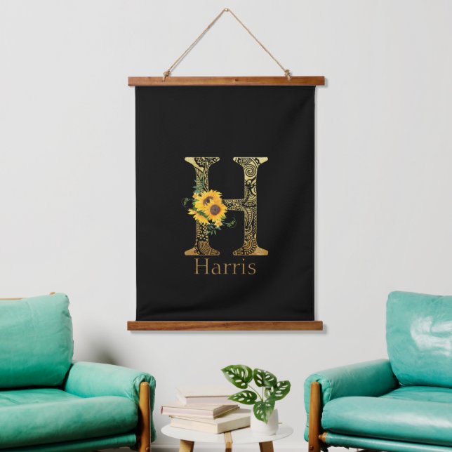 Schwarze und goldene Buchstaben H Sonnenblumen Wandteppich Mit Holzrahmen (Wohnzimmer)