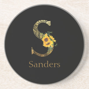 Schwarze und goldene Buchstaben S Sonnenblumen Getränkeuntersetzer