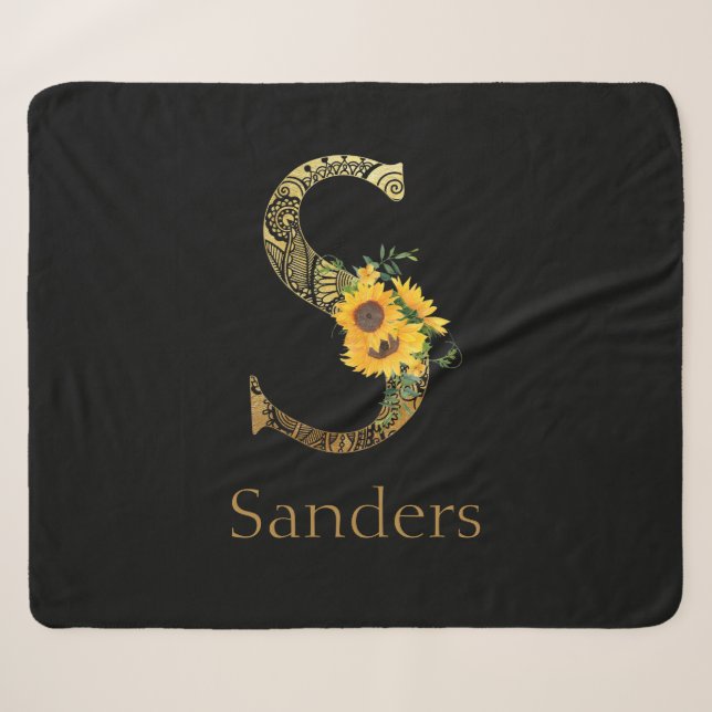 Schwarze und goldene Buchstaben S Sonnenblumen Sherpadecke (Vorderseite (Horizontal))