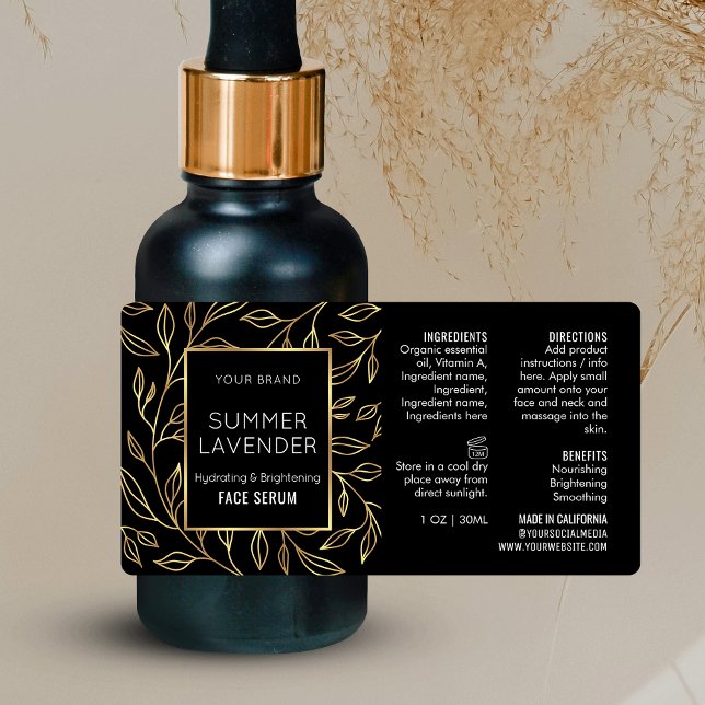 Schwarze und goldene Flora 1 OZ Kosmetische Flasch Adressaufkleber (Elegant black and gold floral design small cosmetic bottle label)