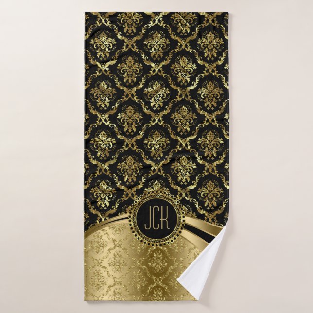 Schwarze und goldene Floral Damaskus Badhandtuch Set (Badehandtuch)