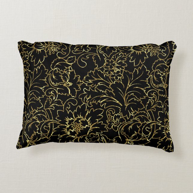 Schwarze und goldene Floral Damaskus Dekokissen (Rückseite)