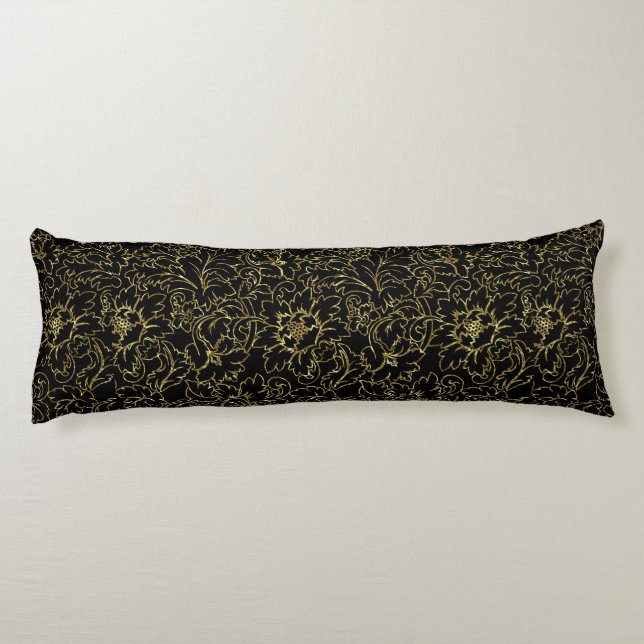 Schwarze und goldene Floral Damaskus Seitenschläferkissen (Rückseite)