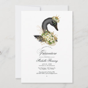 Schwarze und goldene florale Schwan-Quinceañera-Fo Einladung