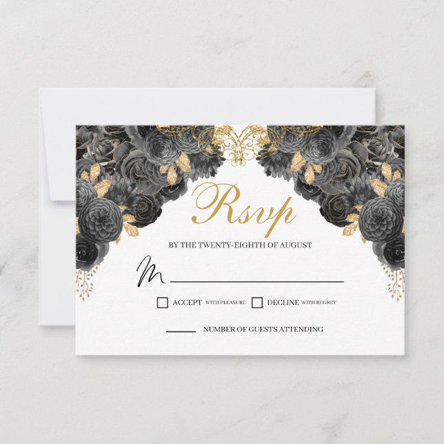 Schwarze und goldene florale UAWG RSVP Karte (Vorderseite)