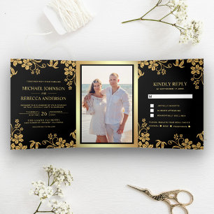 Schwarze und goldene Folien-Blumenblätter-Hochzeit Dreifach Gefaltete Einladung
