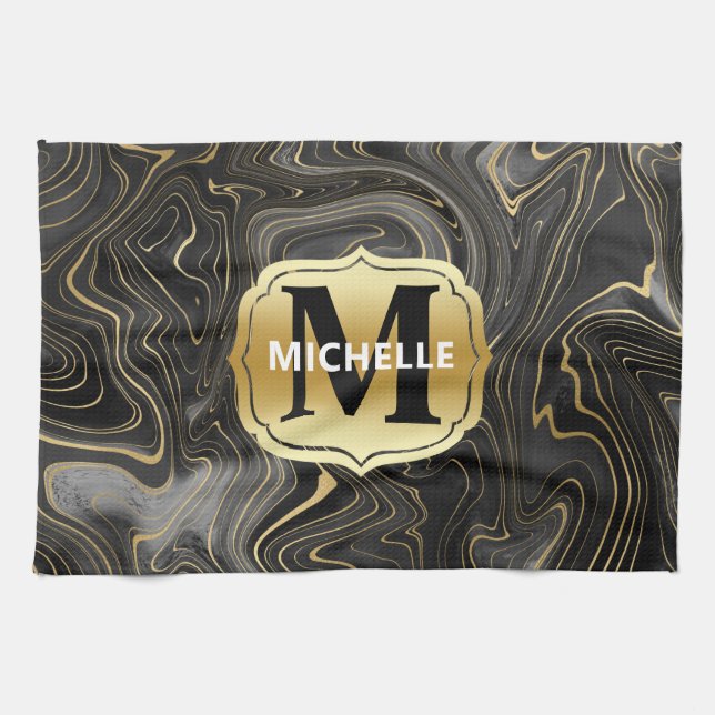 Schwarze und goldene Geode Strata Texturen Geschirrtuch (Horizontal)