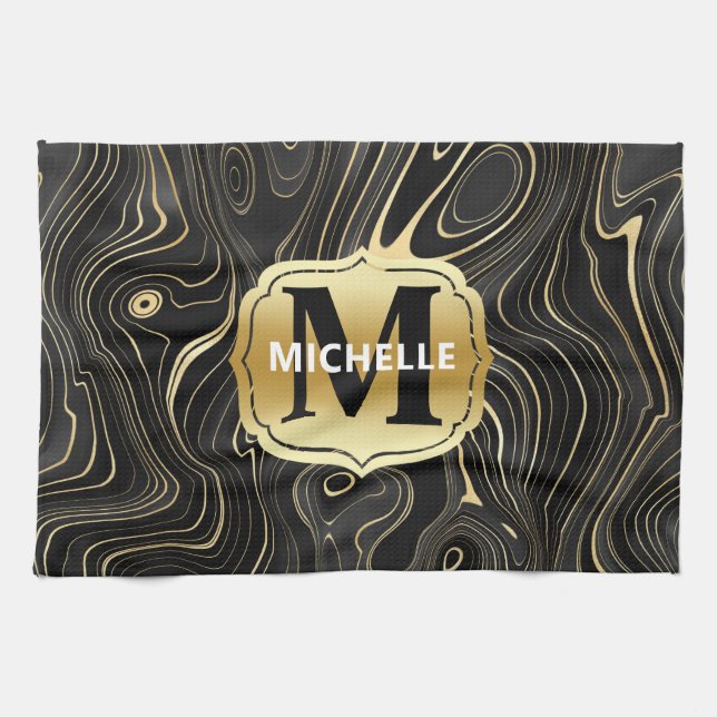 Schwarze und goldene Geode Strata Texturen Geschirrtuch (Horizontal)