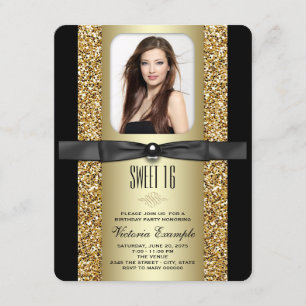 Schwarze und goldene Glitter Sweet 16 Party Einladung