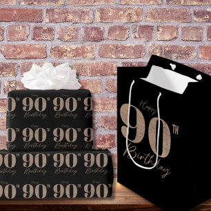 Schwarze und goldene Glitter-Ziffer zum 90. Geburt Geschenkpapier
