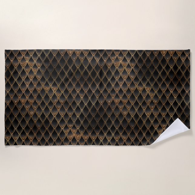 Schwarze und goldene Glitzer-Drachenskala Strandtuch (Vorderseite)